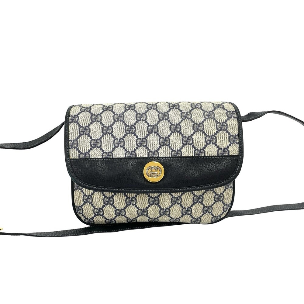 GUCCI Old Gucci GG Logo Hardware Leather Mini Shoulder Bag Pouch Navy Blue b16-5